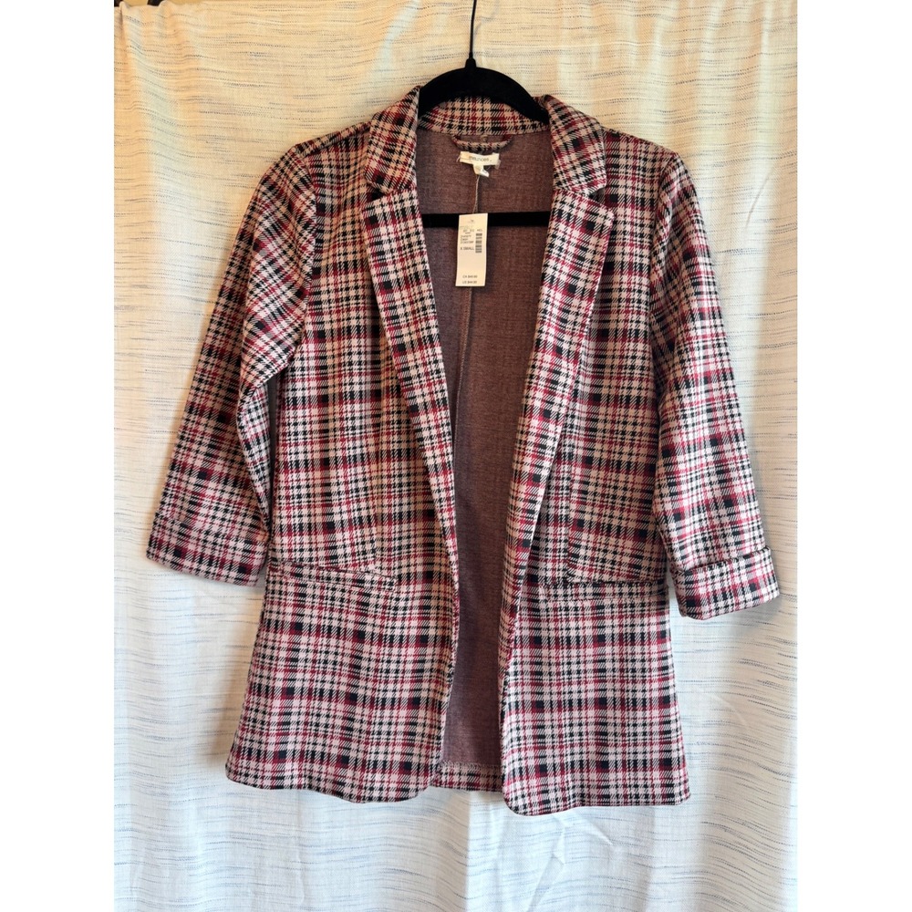 Maurices Plaid Open Front Blazer Red Black Knit 3/4 Sleeve Jacket XS NWT